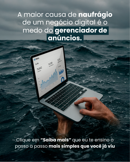 Criativo Meta Ads — laptop no mar: medo do gerenciador de anúncios.
