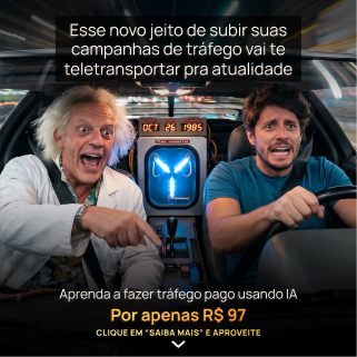 Criativo tráfego com IA — DeLorean com Doc Brown: teletransporte pra atualidade.