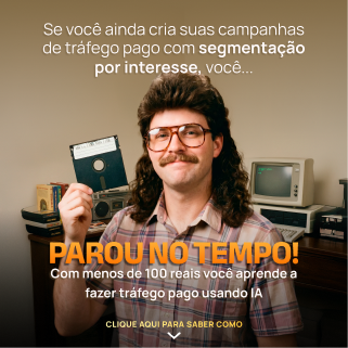 Criativo tráfego com IA — visual anos 80 com disquete: parou no tempo.